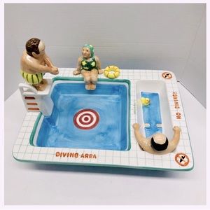 Rare Serving Dish Chip Dip Party Bowl 1990s Vintage Lotus Ceramic Pool Scene